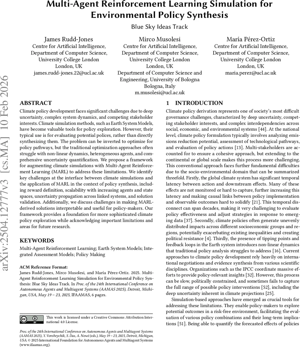 Multi-Agent Reinforcement Learning Simulation for Environmental Policy Synthesis