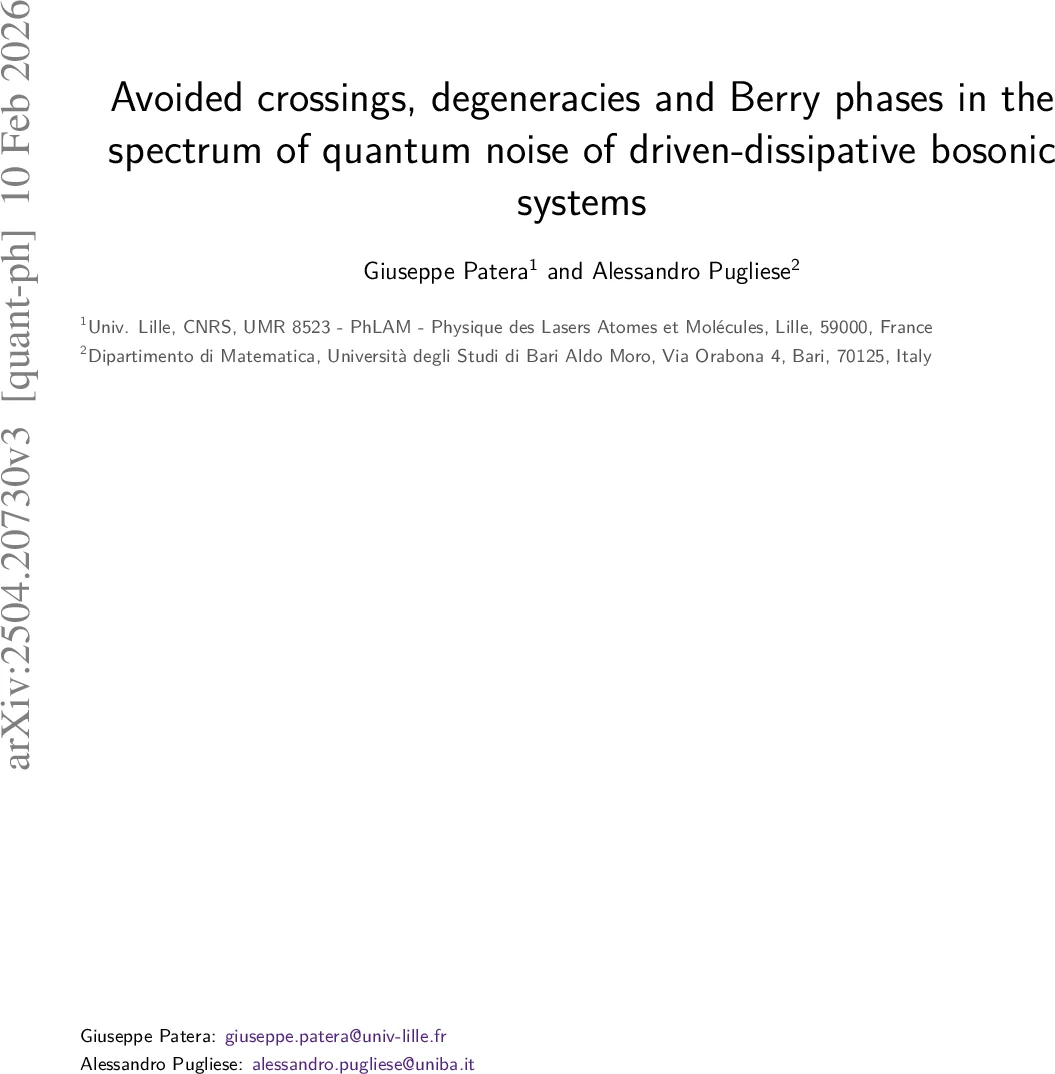Avoided crossings, degeneracies and Berry phases in the spectrum of quantum noise of driven-dissipative bosonic systems