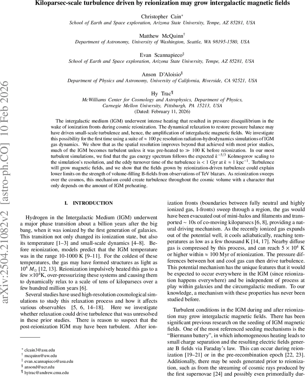 Kiloparsec-scale turbulence driven by reionization may grow intergalactic magnetic fields