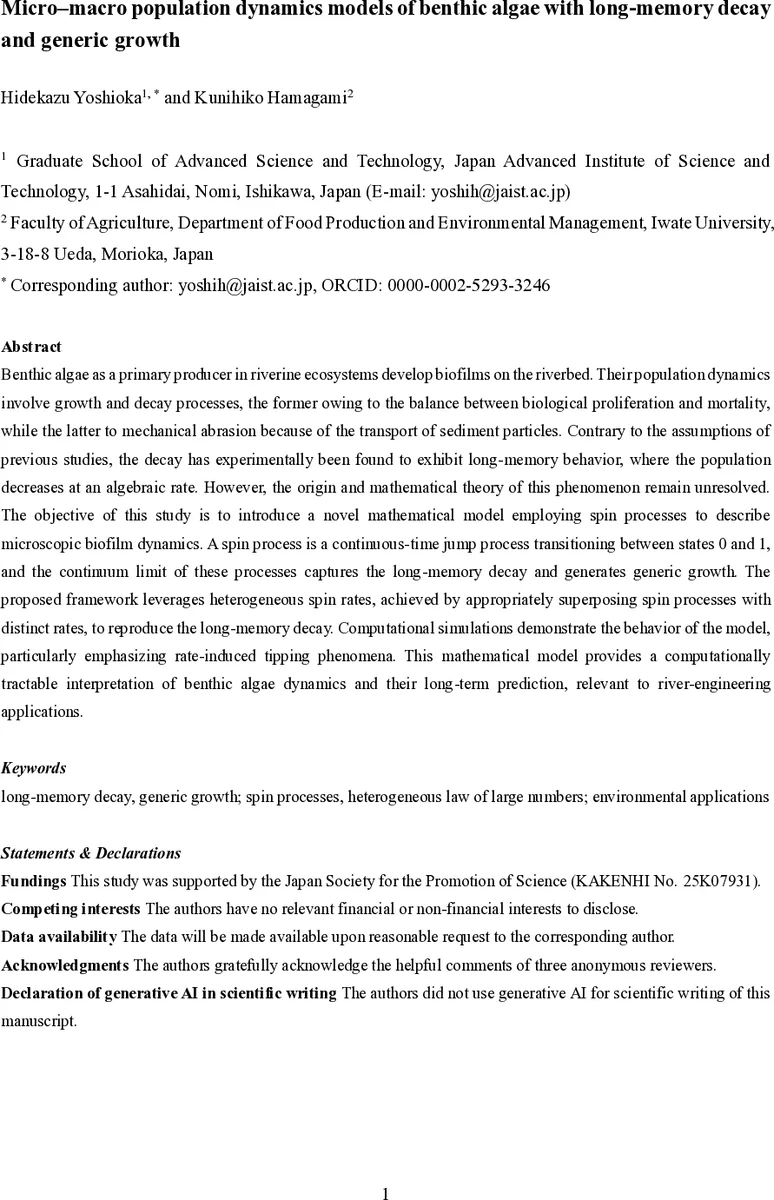 Micro-macro population dynamics models of benthic algae with long-memory decay and generic growth
