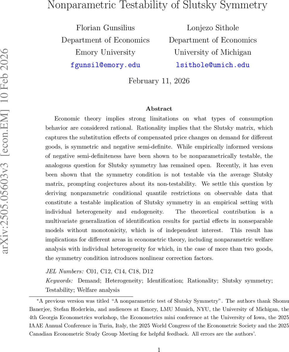 Nonparametric Testability of Slutsky Symmetry