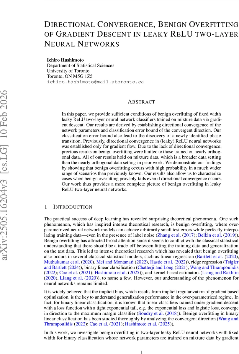 Directional Convergence, Benign Overfitting of Gradient Descent in leaky ReLU two-layer Neural Networks