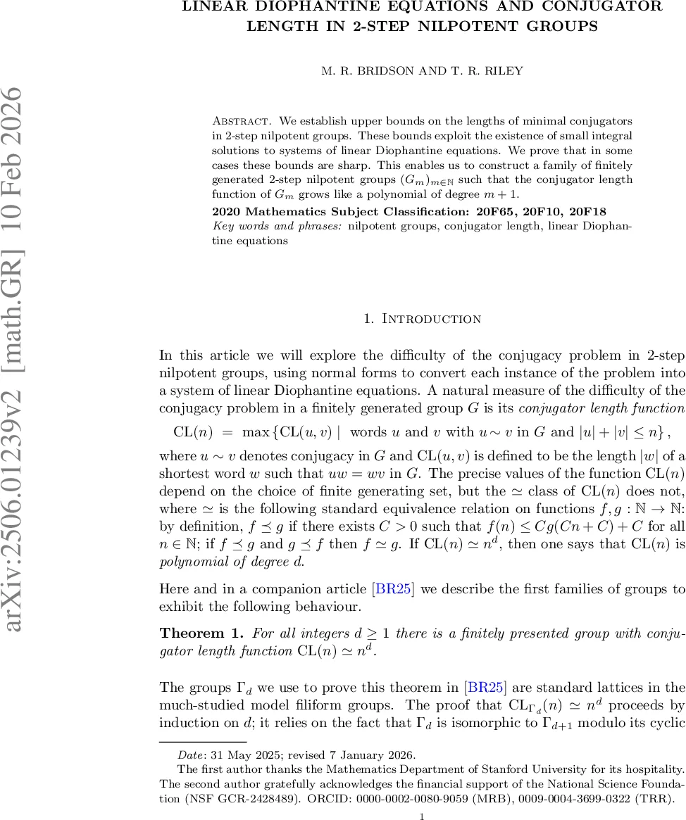 Linear Diophantine equations and conjugator length in 2-step nilpotent groups
