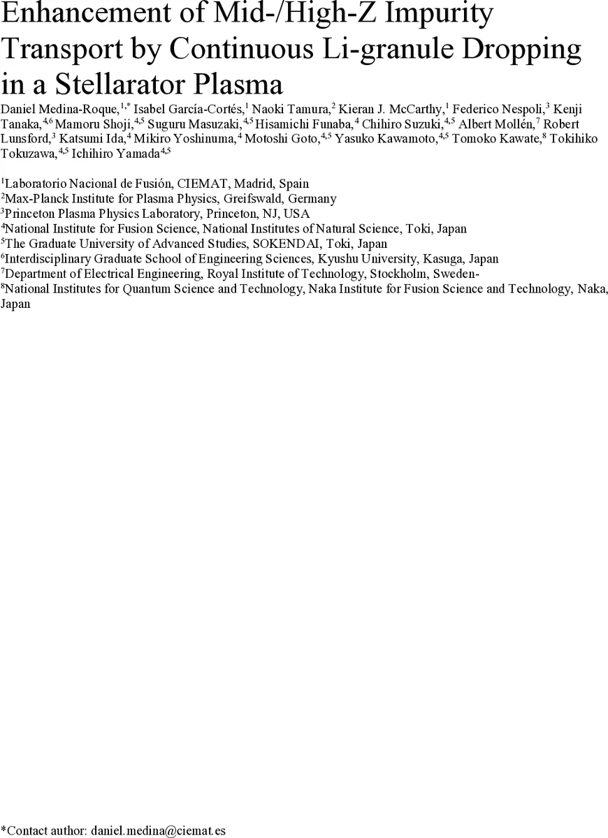 Enhancement of Mid-/High-Z Impurity Transport by Continuous Li-granule Dropping in a Stellarator Plasma