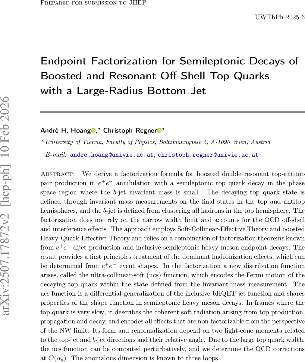 Endpoint Factorization for Semileptonic Decays of Boosted and Resonant Off-Shell Top Quarks with a Large-Radius Bottom Jet