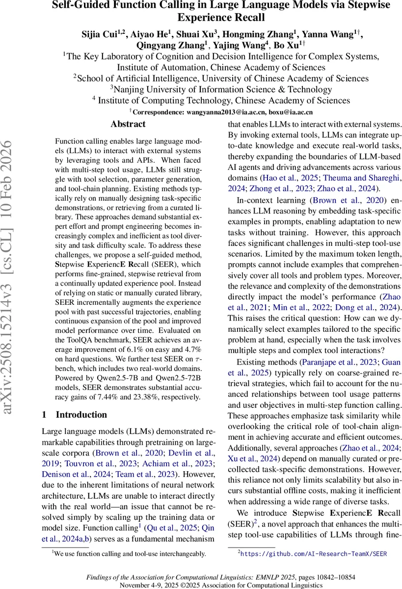 Self-Guided Function Calling in Large Language Models via Stepwise Experience Recall