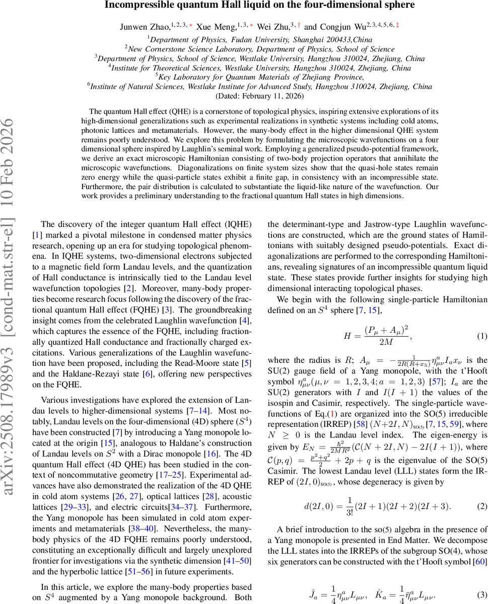 Incompressible quantum liquid on the four-dimensional sphere