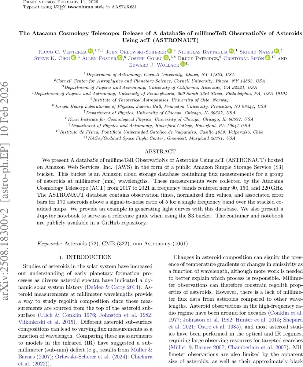 The Atacama Cosmology Telescope: Release of A databaSe of millimeTeR ObservatioNs of Asteroids Using acT (ASTRONAUT)
