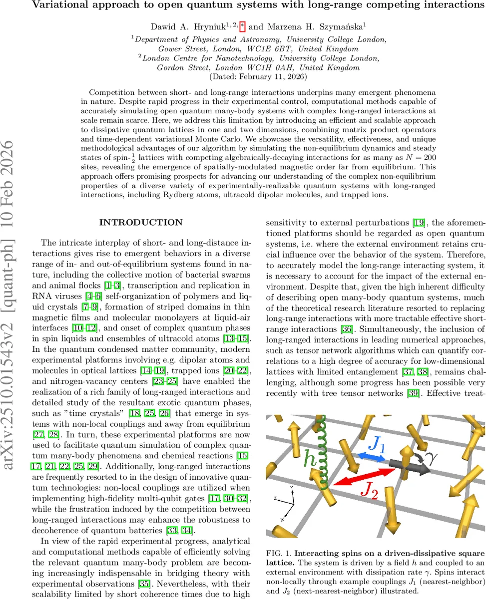 Variational approach to open quantum systems with long-range competing interactions