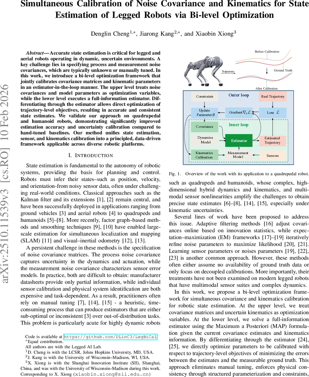 Simultaneous Calibration of Noise Covariance and Kinematics for State Estimation of Legged Robots via Bi-level Optimization