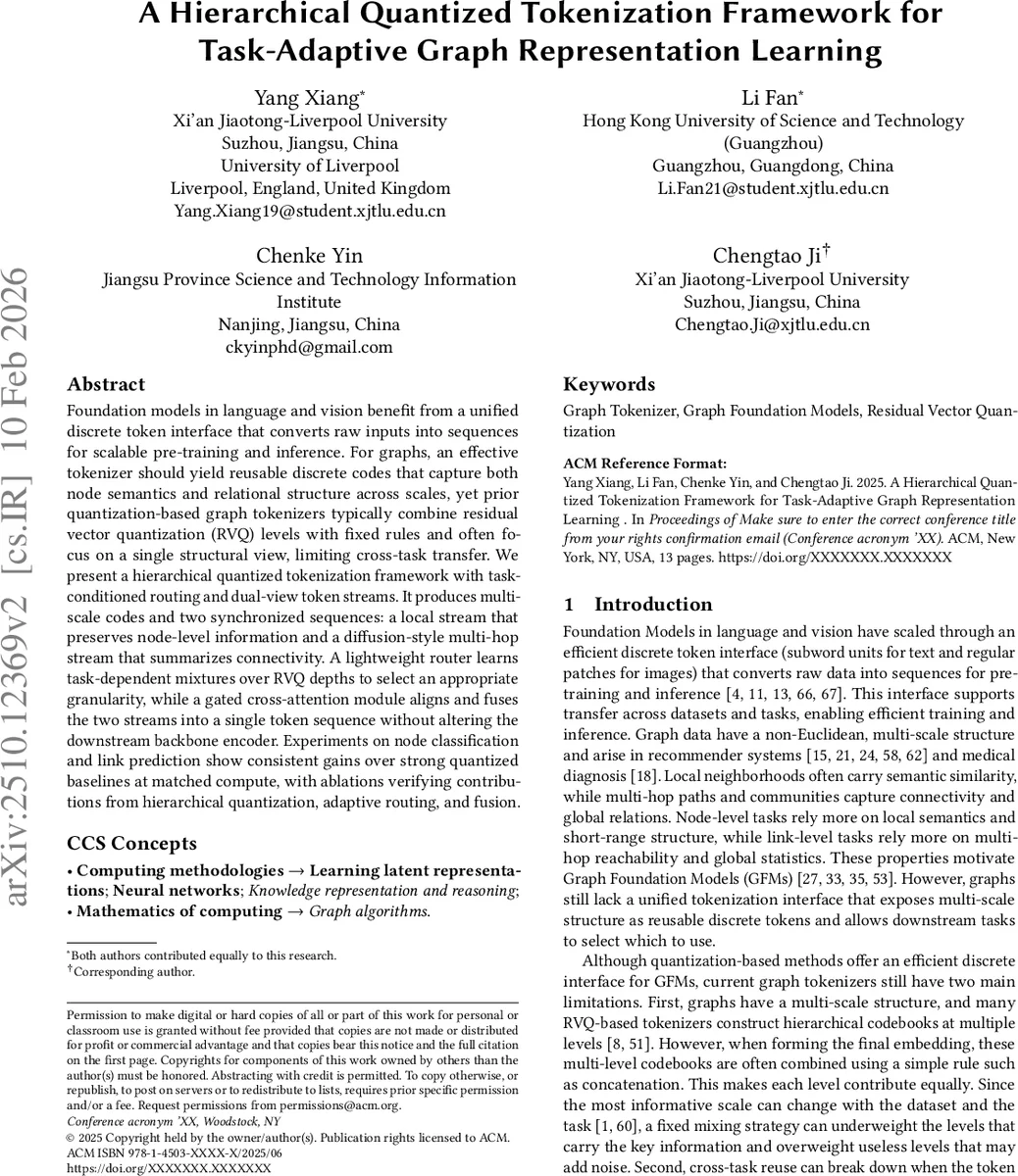 A Hierarchical Quantized Tokenization Framework for Task-Adaptive Graph Representation Learning