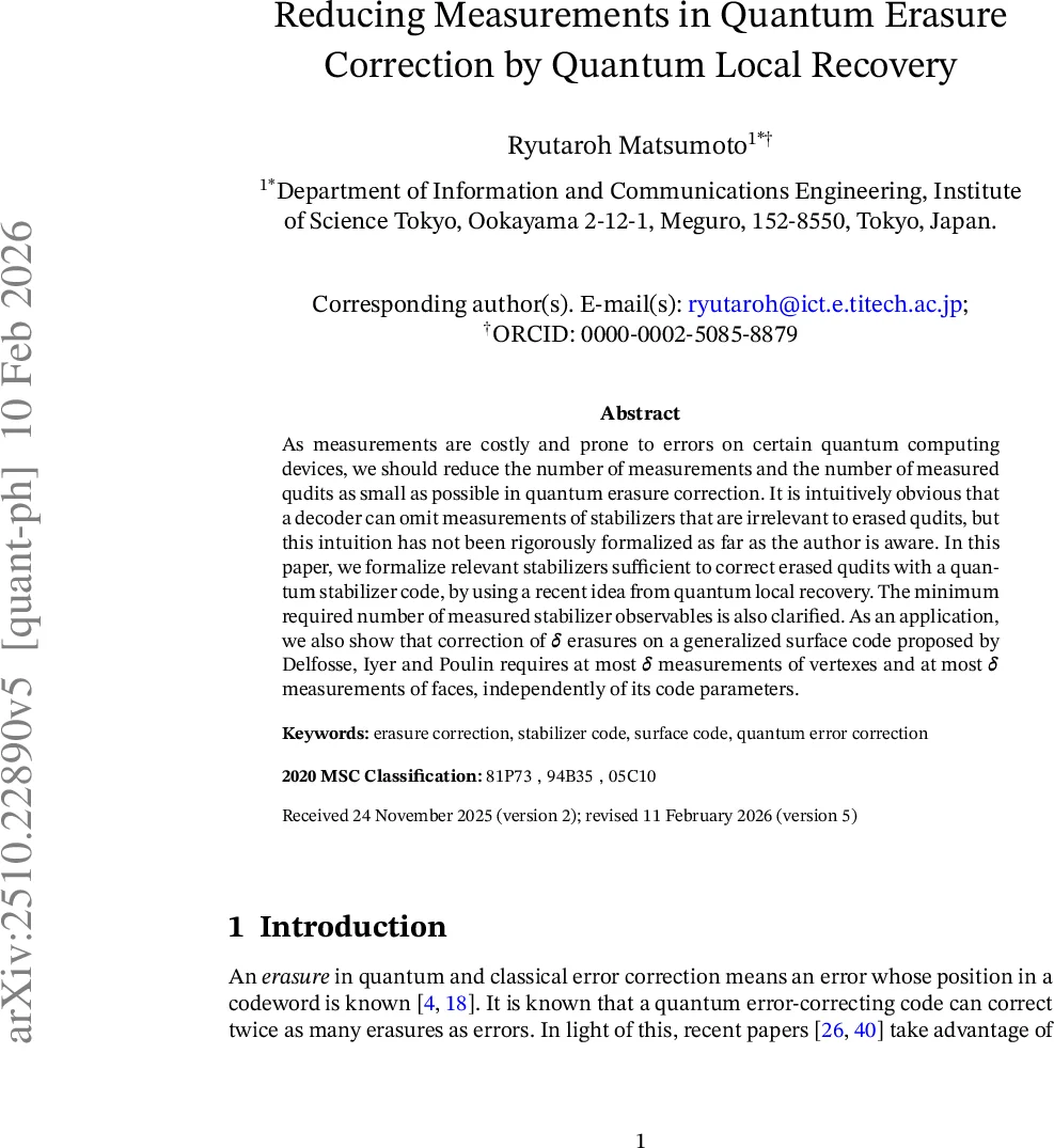 Reducing measurements in quantum erasure correction by quantum local recovery