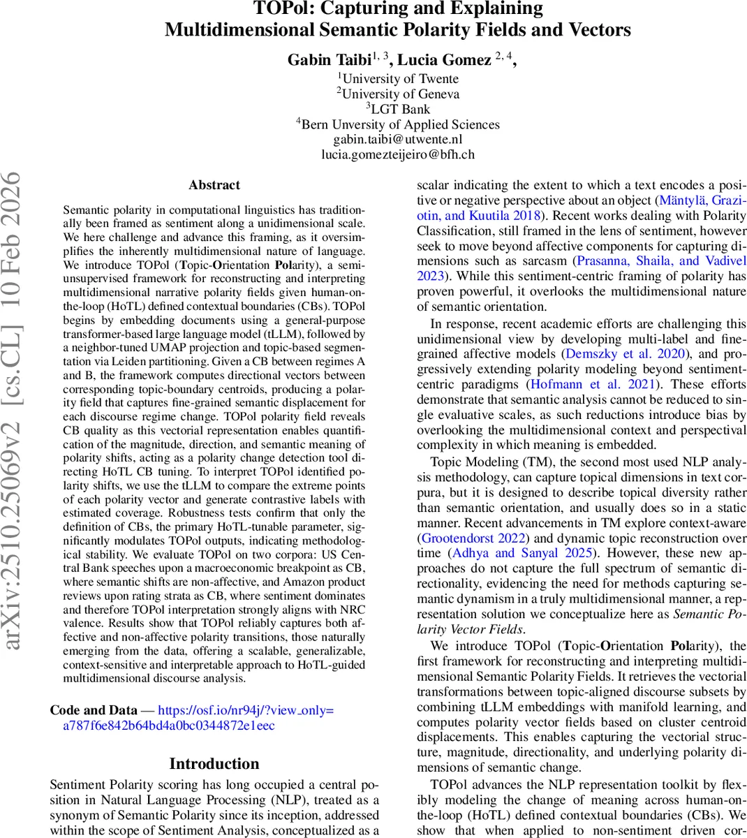 TOPol: Capturing and Explaining Multidimensional Semantic Polarity Fields and Vectors