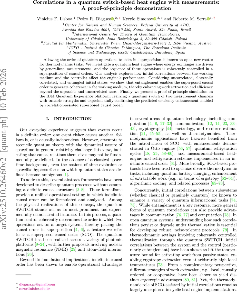 Correlations in a quantum switch-based heat engine with measurements: A proof-of-principle demonstration
