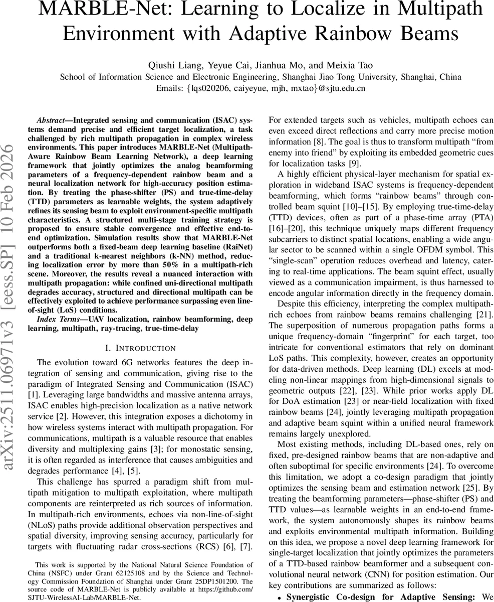 MARBLE-Net: Learning to Localize in Multipath Environment with Adaptive Rainbow Beams