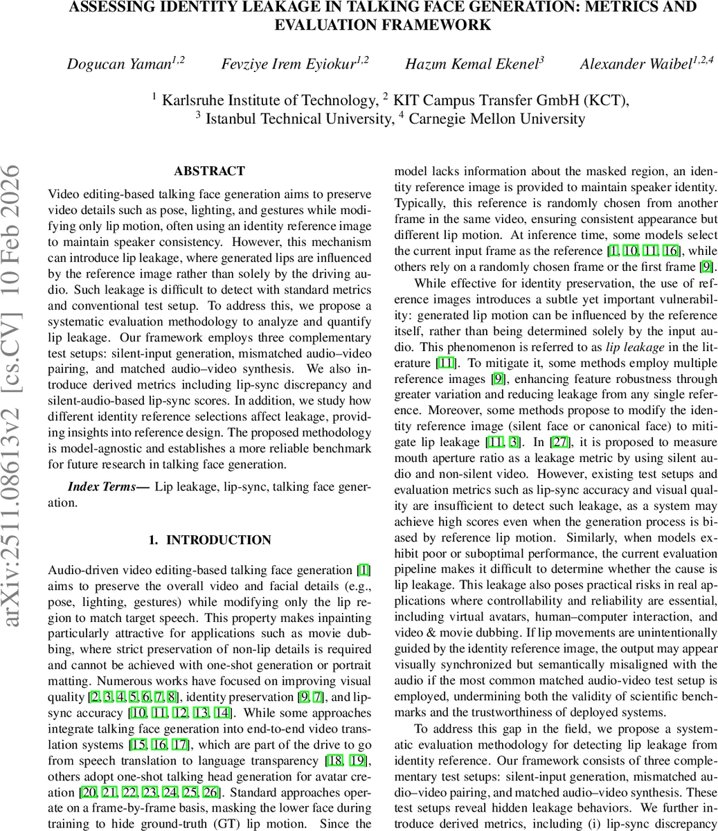 Assessing Identity Leakage in Talking Face Generation: Metrics and Evaluation Framework