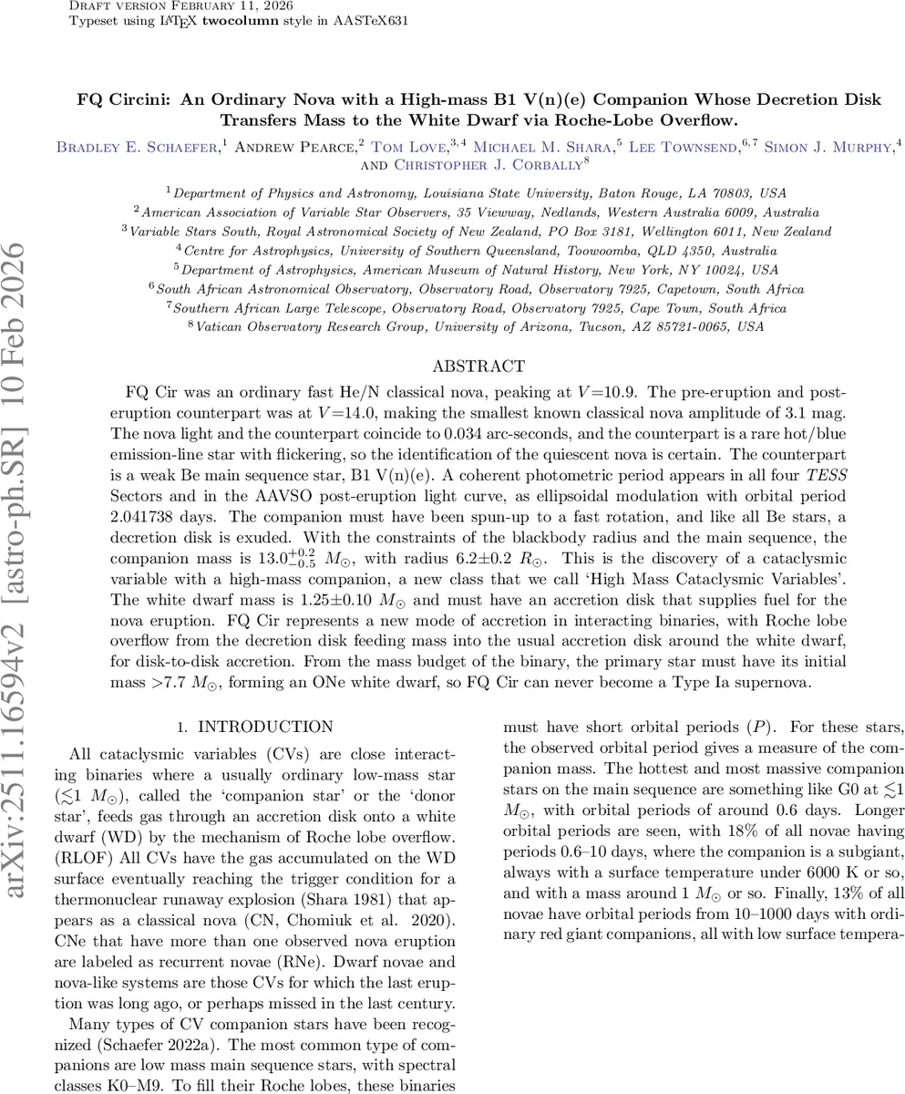 FQ Circini: An Ordinary Nova with a High-mass B1 V(n)(e) Companion Whose Decretion Disk Transfers Mass to the White Dwarf via Roche-Lobe Overflow