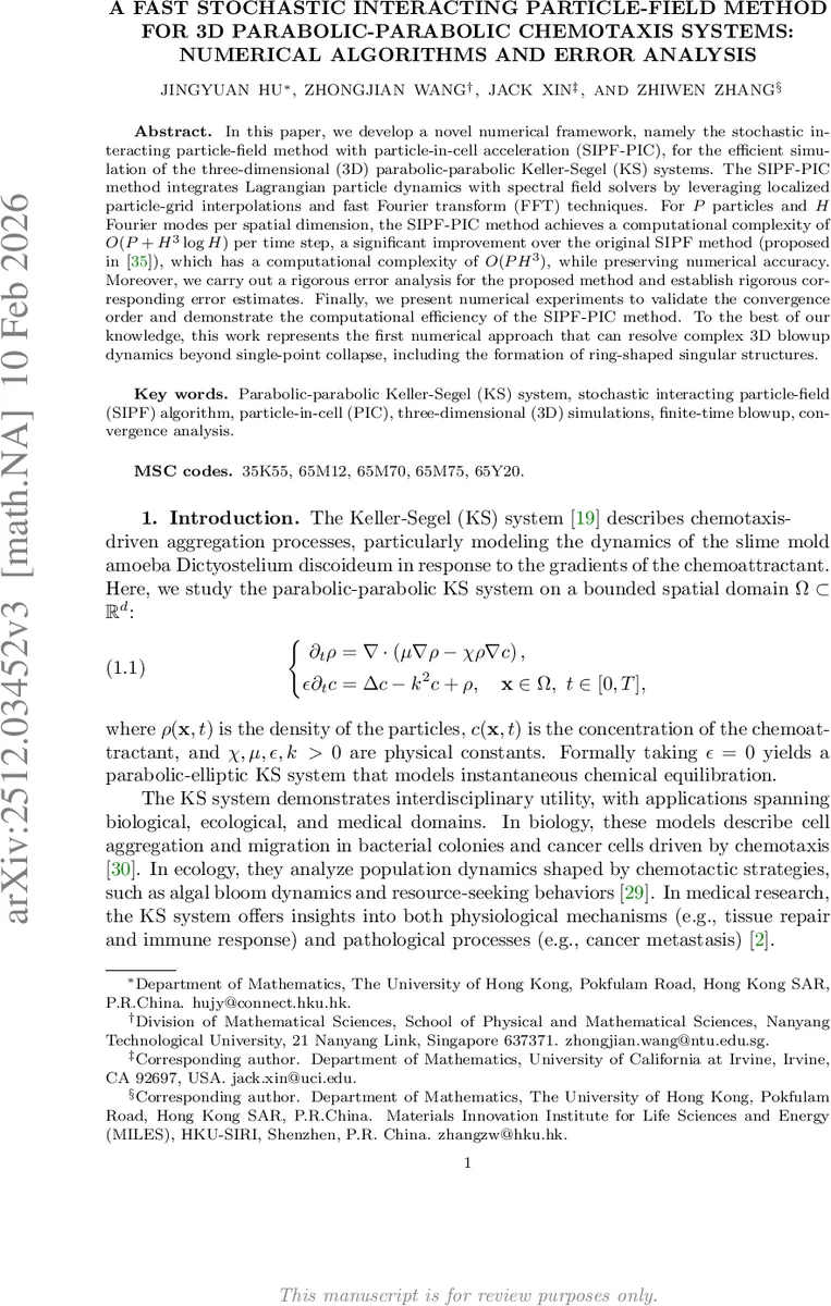 A fast stochastic interacting particle-field method for 3D parabolic parabolic Chemotaxis systems: numerical algorithms and error analysis