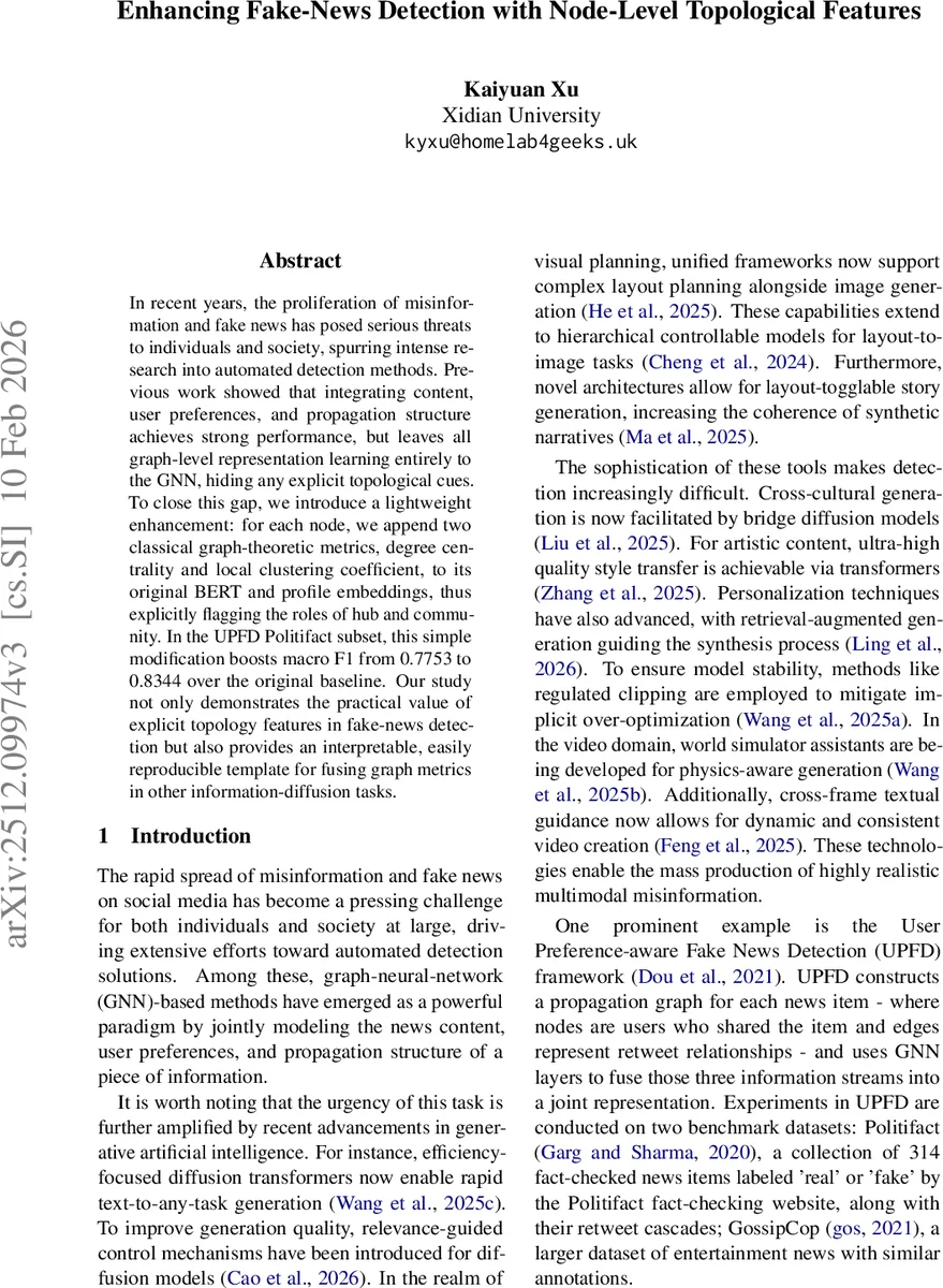 Enhancing Fake-News Detection with Node-Level Topological Features