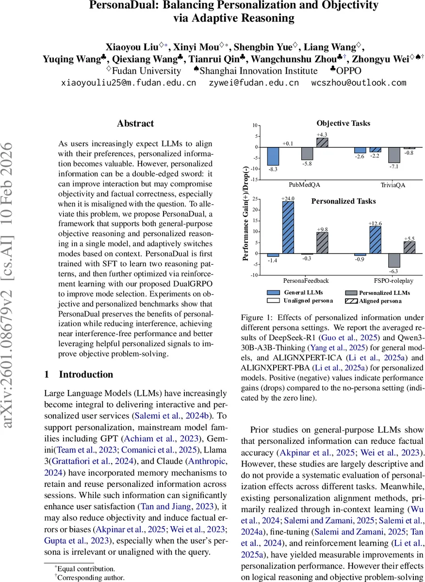 PersonaDual: Balancing Personalization and Objectivity via Adaptive Reasoning