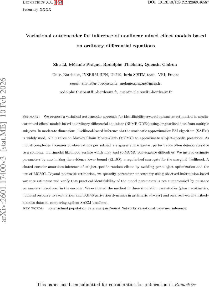 Variational autoencoder for inference of nonlinear mixed effect models based on ordinary differential equations