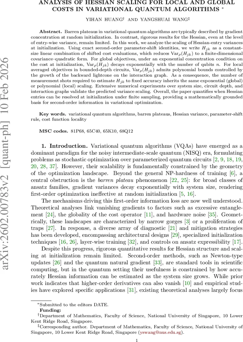 Analysis of Hessian Scaling for Local and Global Costs in Variational Quantum Algorithm