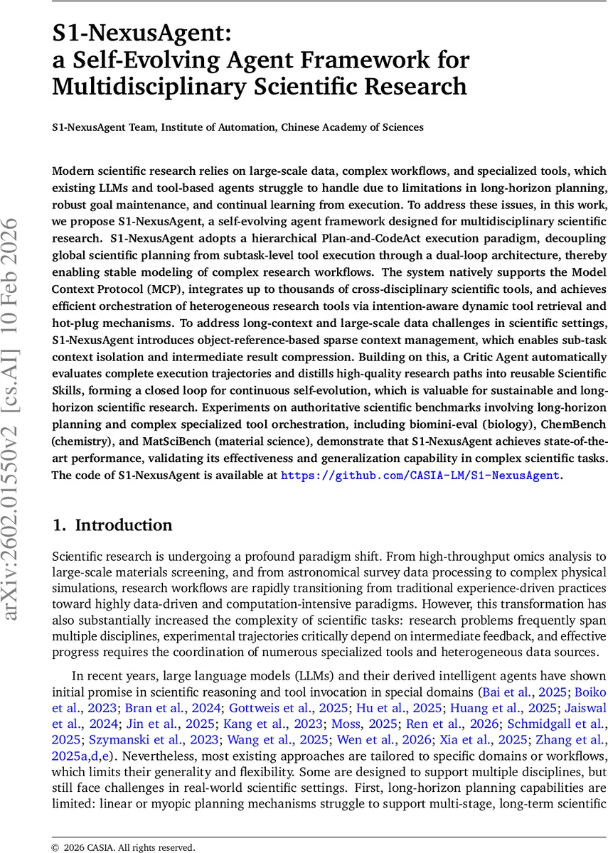 S1-NexusAgent: a Self-Evolving Agent Framework for Multidisciplinary Scientific Research