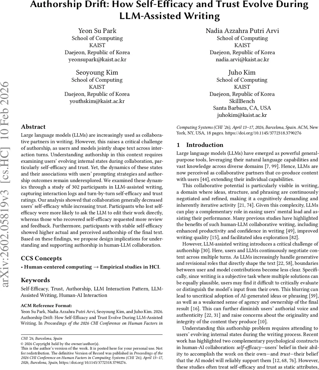 Authorship Drift: How Self-Efficacy and Trust Evolve During LLM-Assisted Writing