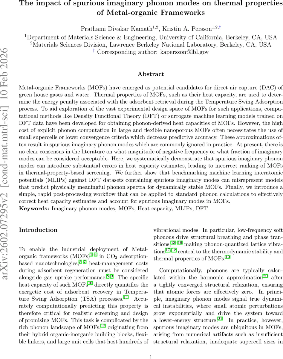 The impact of spurious imaginary phonon modes on thermal properties of Metal-organic Frameworks
