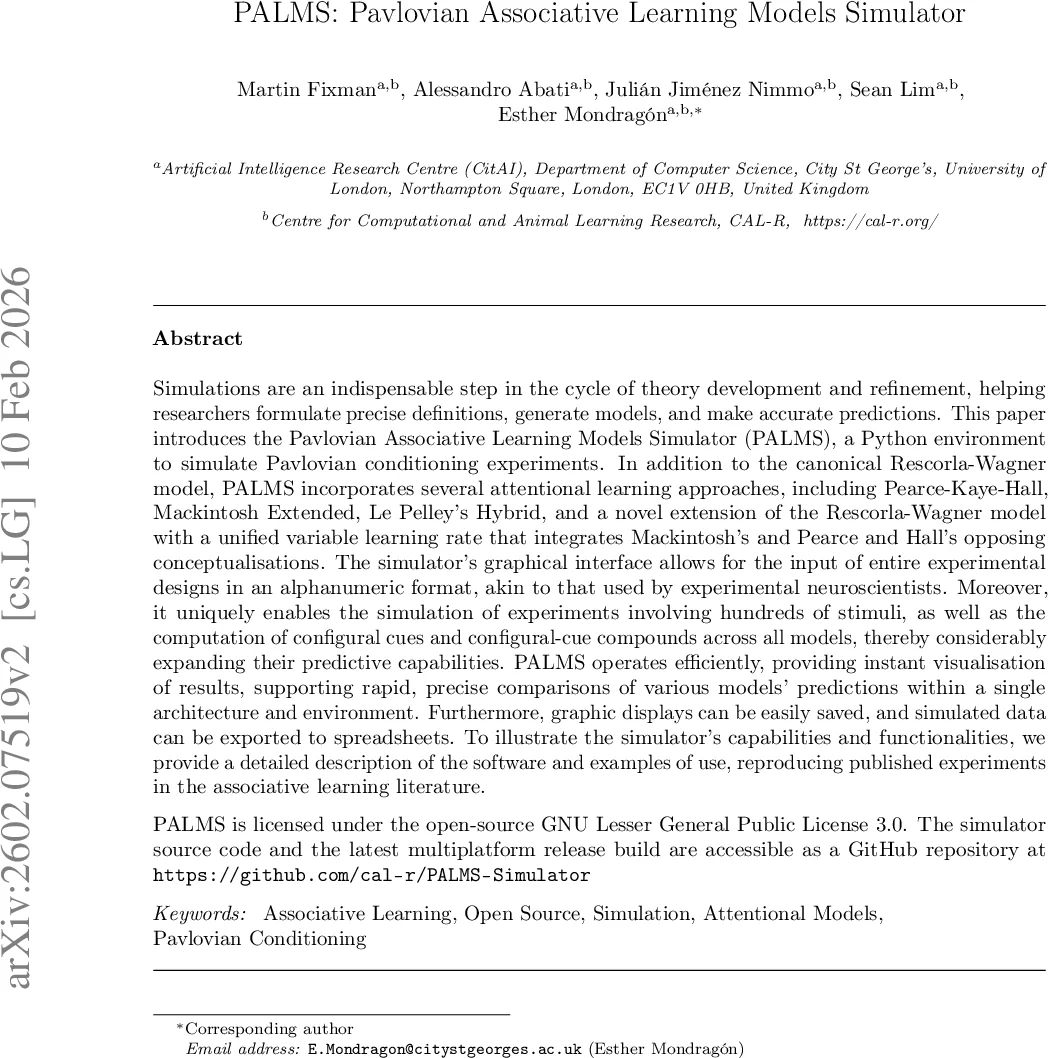 PALMS: Pavlovian Associative Learning Models Simulator