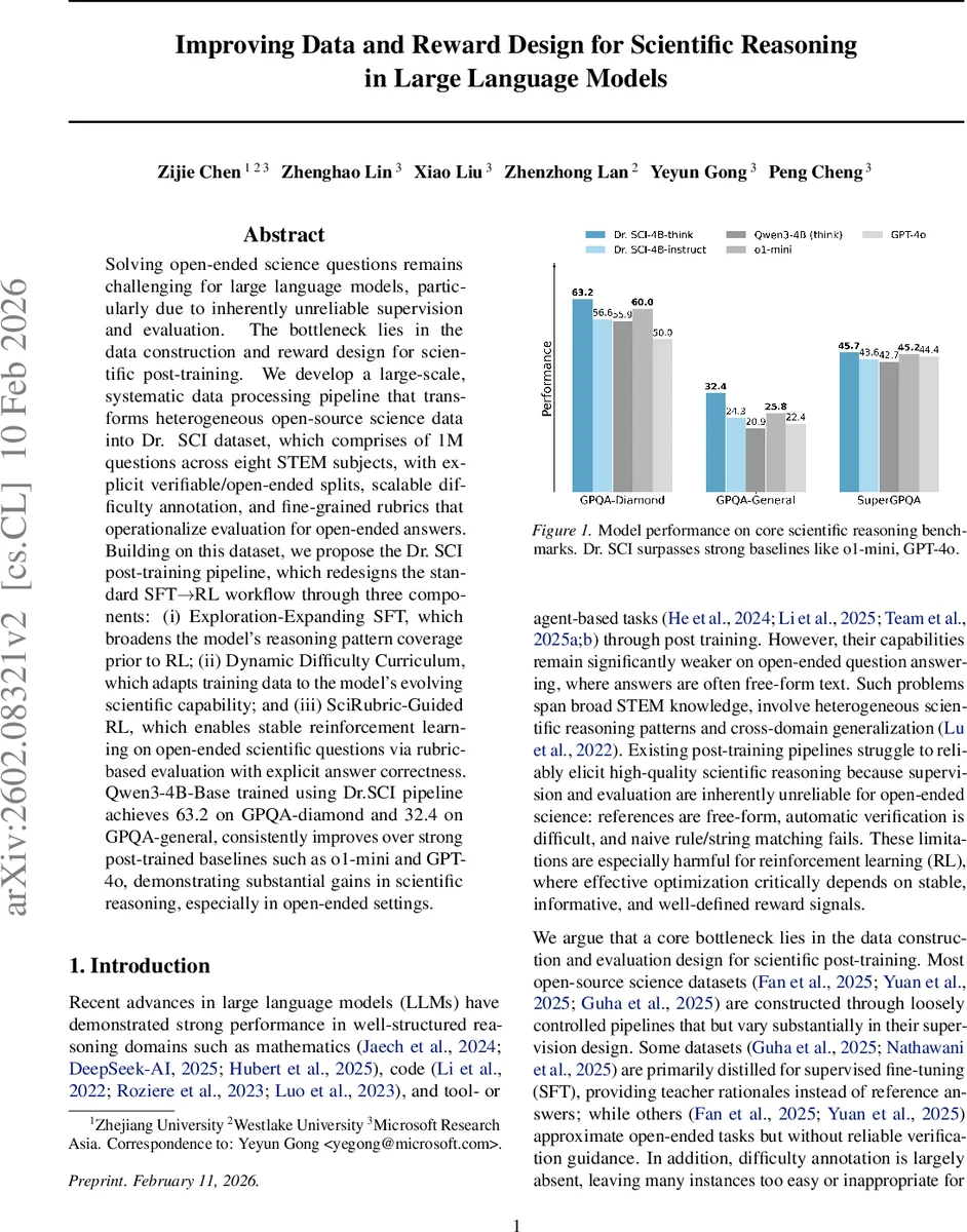 Improving Data and Reward Design for Scientific Reasoning in Large Language Models