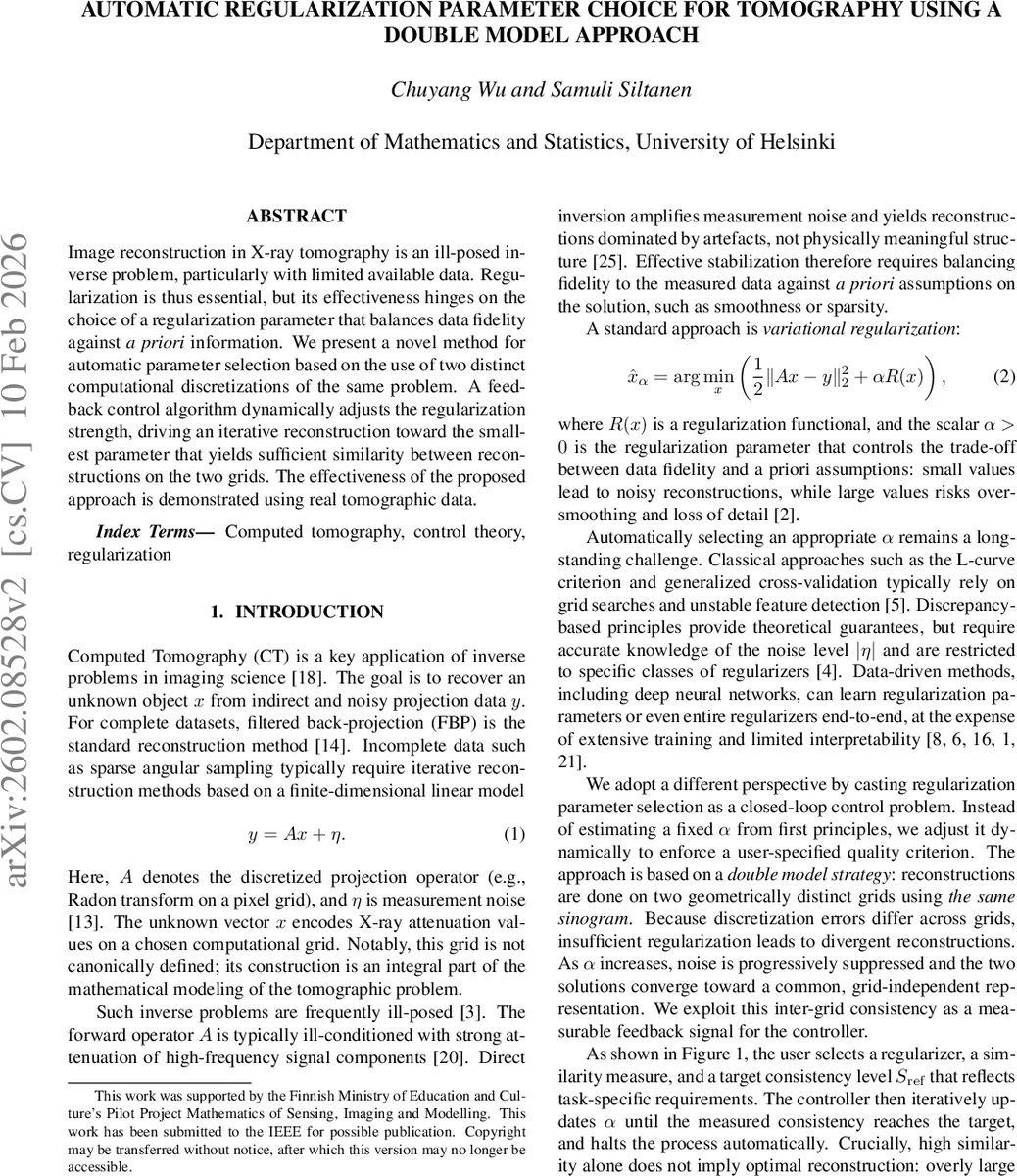 Automatic regularization parameter choice for tomography using a double model approach