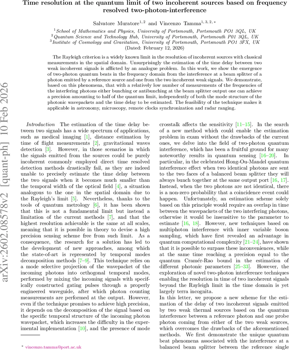 Time resolution at the quantum limit of two incoherent sources based on frequency resolved two-photon-interference
