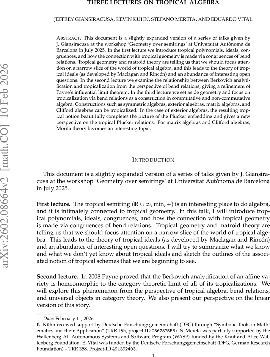 Three lectures on tropical algebra