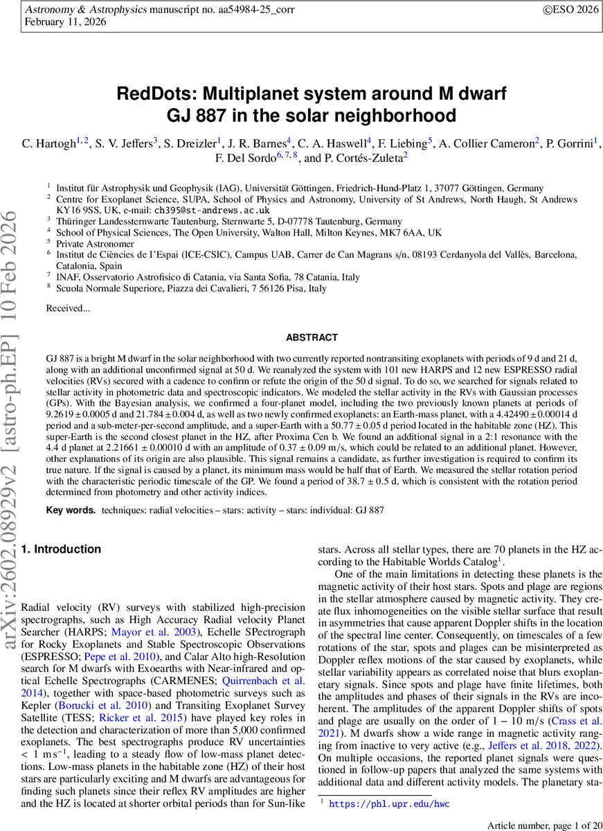 RedDots: Multiplanet system around M dwarf GJ 887 in the solar neighborhood