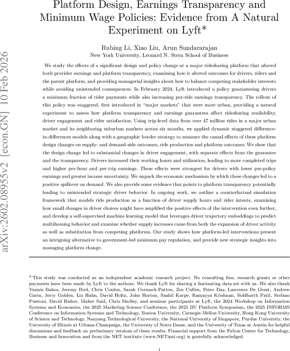 Platform Design, Earnings Transparency and Minimum Wage Policies: Evidence from A Natural Experiment on Lyft