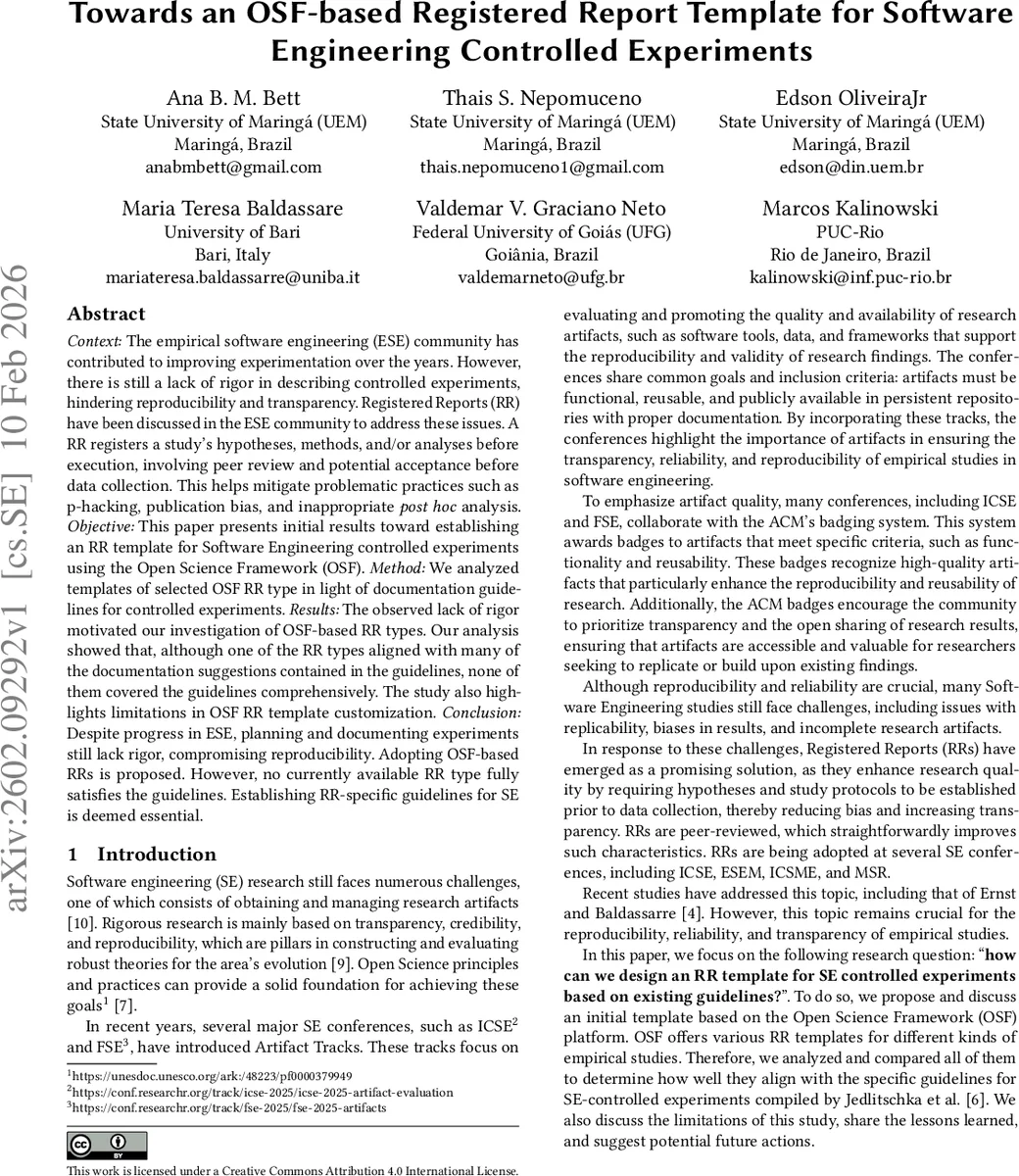 Towards an OSF-based Registered Report Template for Software Engineering Controlled Experiments
