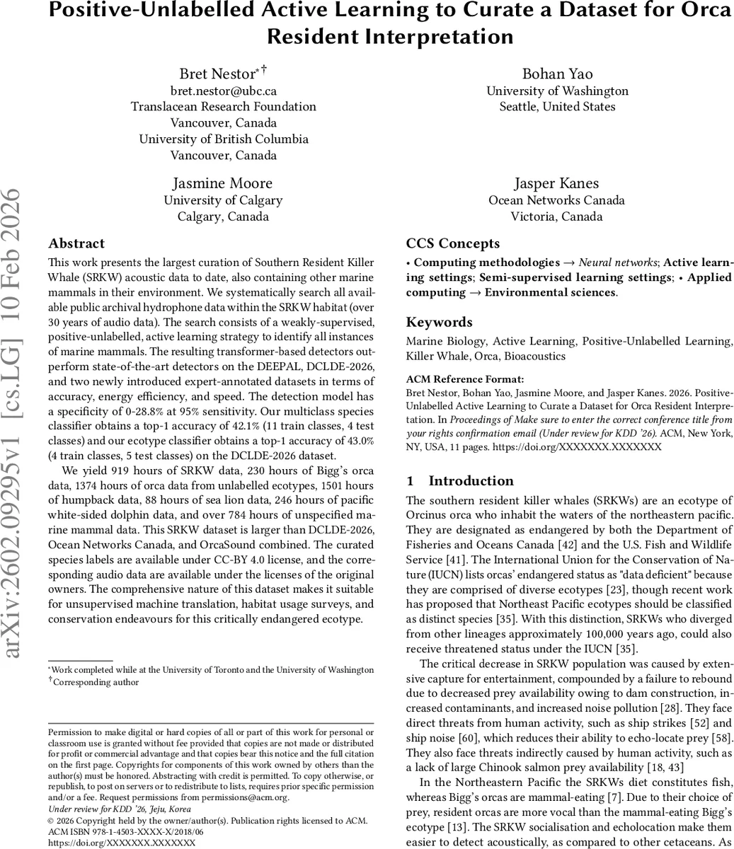 Positive-Unlabelled Active Learning to Curate a Dataset for Orca Resident Interpretation
