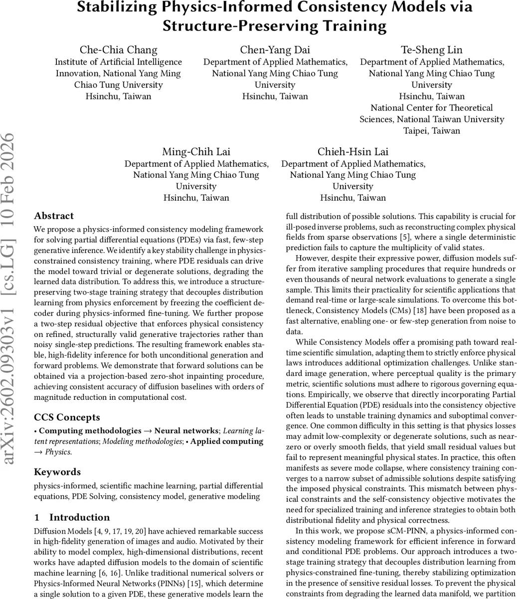 Stabilizing Physics-Informed Consistency Models via Structure-Preserving Training