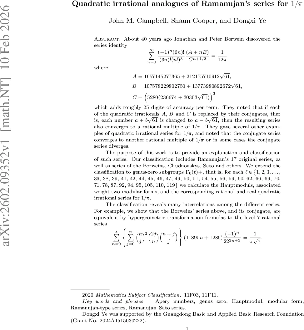 Quadratic irrational analogues of Ramanujan's series for $1/π$