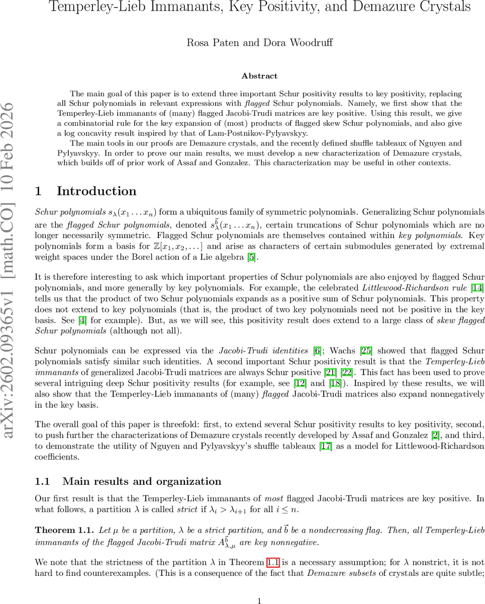 Temperley-Lieb Immanants, Key Positivity, and Demazure Crystals