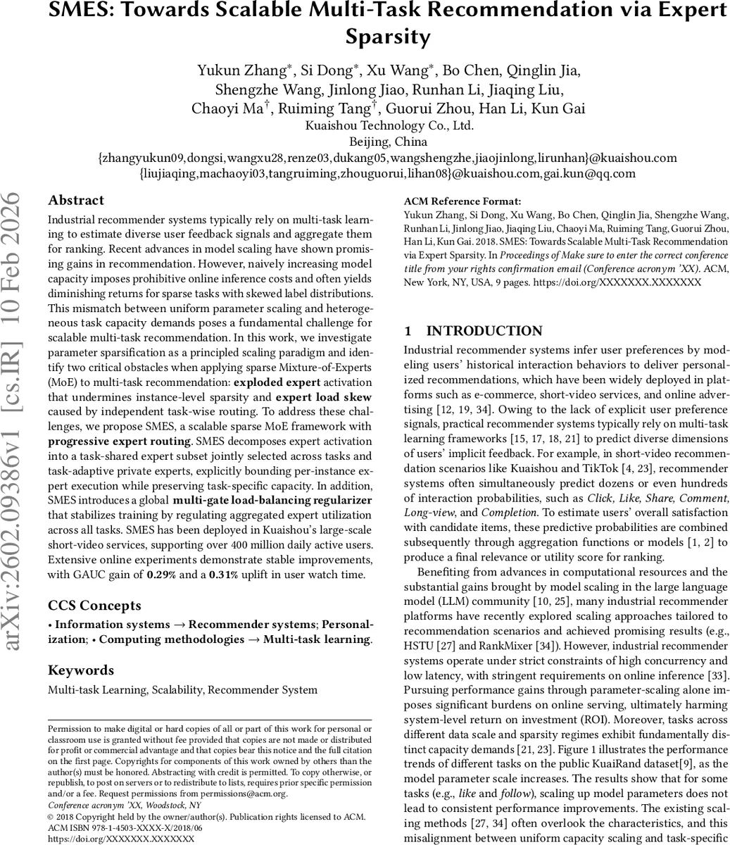 SMES: Towards Scalable Multi-Task Recommendation via Expert Sparsity