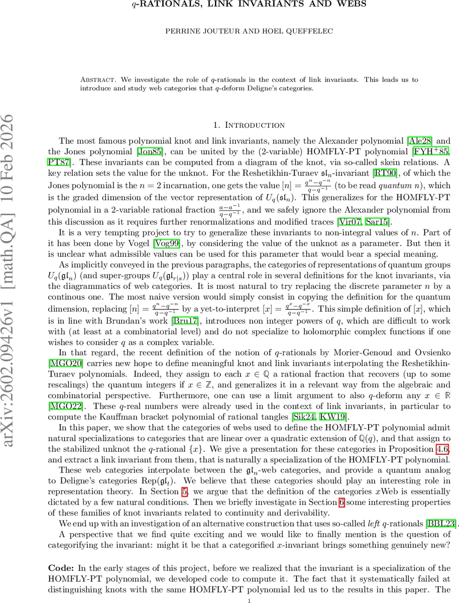 q-Rationals, link invariants and webs
