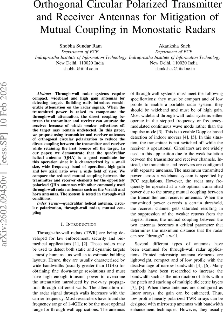 Orthogonal Circular Polarized Transmitter and Receiver Antennas for Mitigation of Mutual Coupling in Monostatic Radars