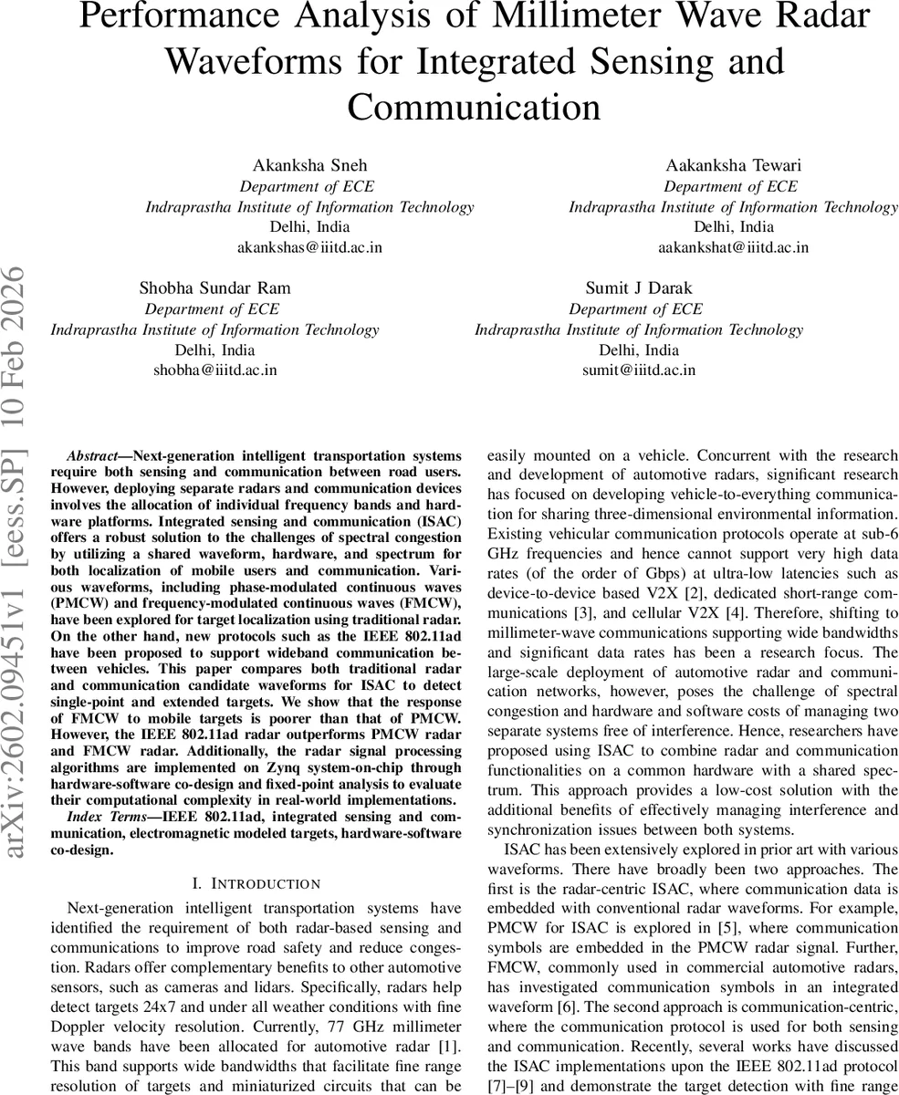 Performance Analysis of Millimeter Wave Radar Waveforms for Integrated Sensing and Communication