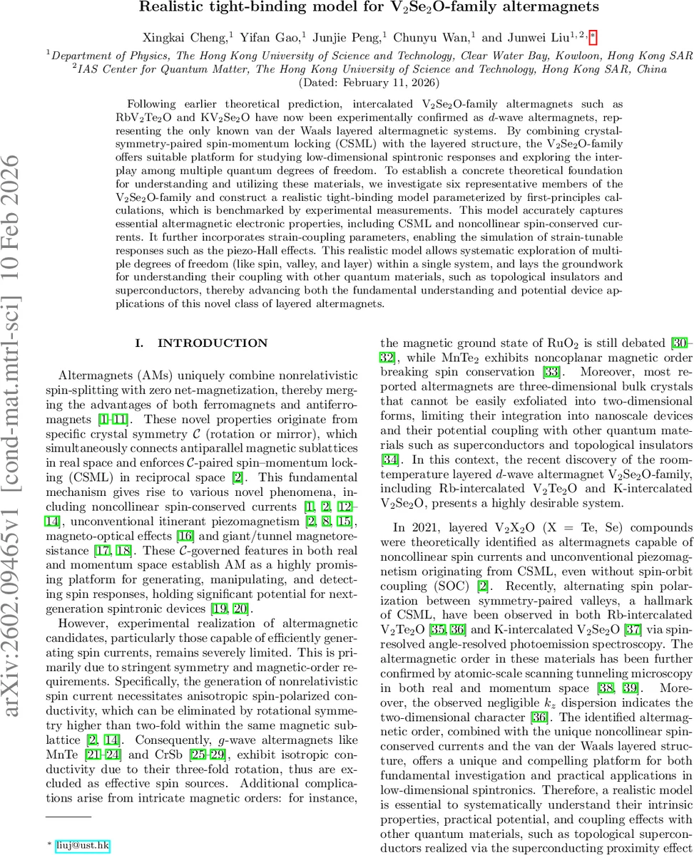 Realistic tight-binding model for V2Se2O-family altermagnets