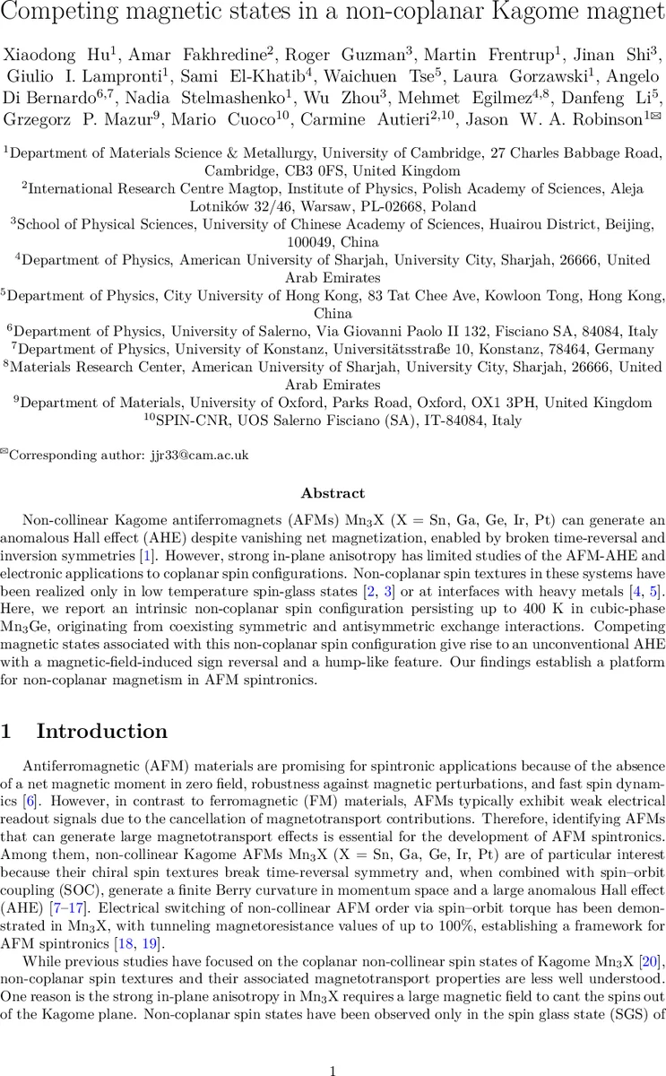Competing magnetic states in a non-coplanar Kagome magnet
