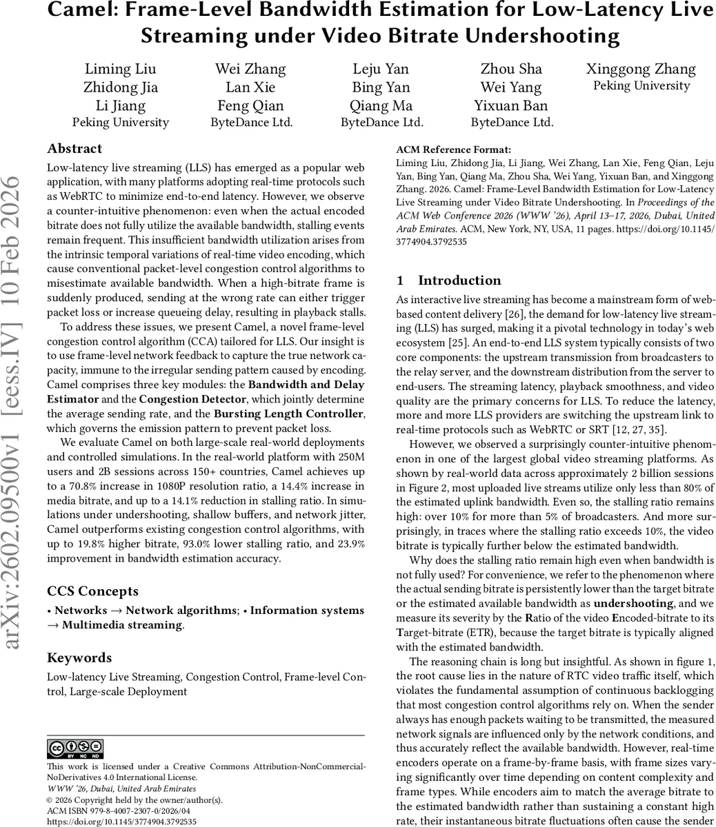 Camel: Frame-Level Bandwidth Estimation for Low-Latency Live Streaming under Video Bitrate Undershooting