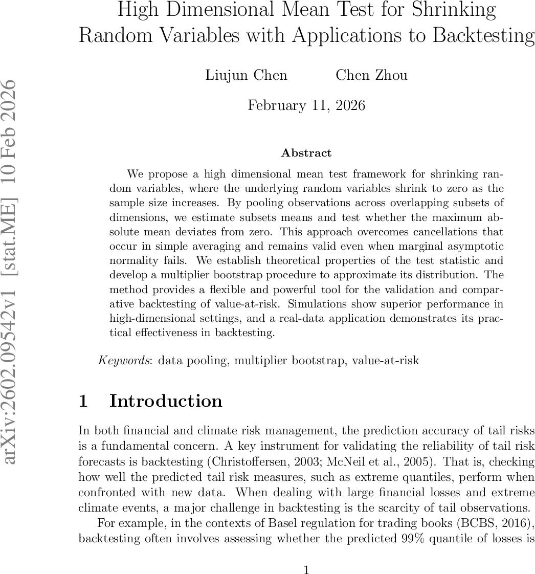 High Dimensional Mean Test for Shrinking Random Variables with Applications to Backtesting