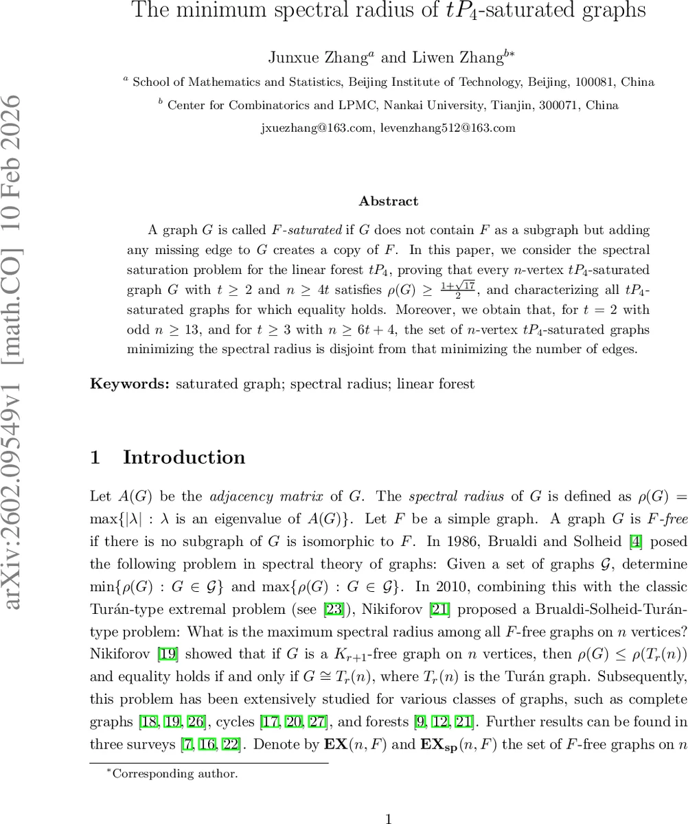The minimum spectral radius of $tP_4$-saturated graphs
